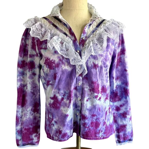 Crafty Cosmic Creation Tops - Womens Top Medium Tie Dye Purple Long Sleeve Button Up Western Style Lace Trim